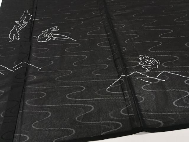平和屋着物*夏物 訪問着 流水紋紗 兎 蛙 黒地 正絹 逸品 CABJ4313xi