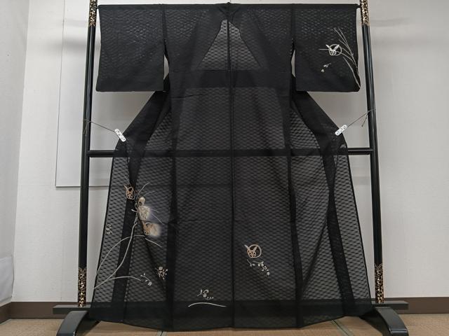 平和屋着物*夏物 訪問着 紋絽 草花文 兎 蛍ぼかし 黒地 金銀彩 正絹 逸品 CABJ4314xi