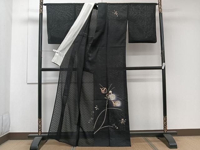 平和屋着物*夏物 訪問着 紋絽 草花文 兎 蛍ぼかし 黒地 金銀彩 正絹 逸品 CABJ4314xi