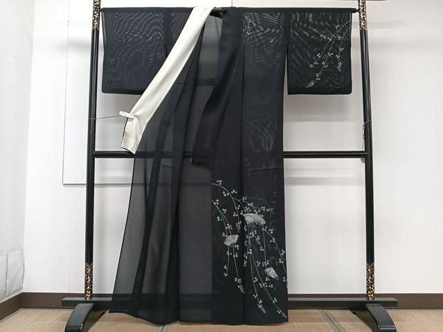 平和屋着物*夏物 訪問着 絽 枝垂れ扇花文 黒地 金彩 正絹 逸品 CABJ4384xi