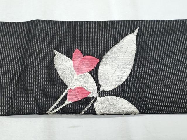 平和屋着物*夏物 九寸名古屋帯 枝花文 黒地 銀糸 正絹 逸品 CABJ4401fb