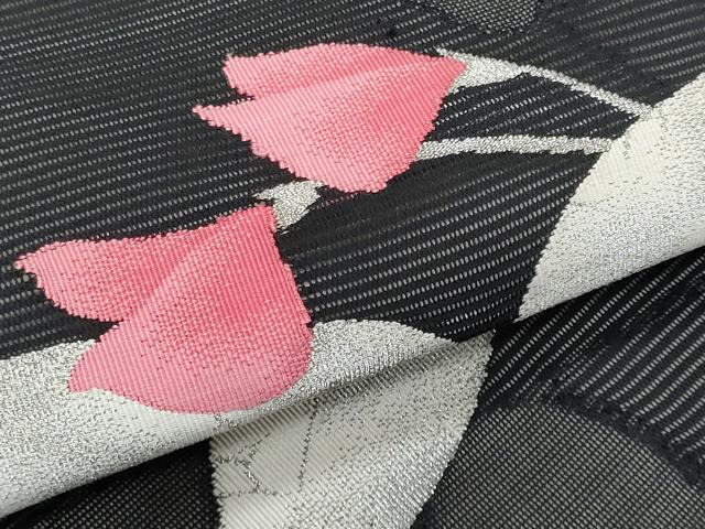 平和屋着物*夏物 九寸名古屋帯 枝花文 黒地 銀糸 正絹 逸品 CABJ4401fb