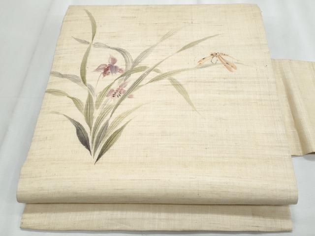 平和屋着物*夏物 九寸名古屋帯 手描き トンボ 草花文 麻 逸品 CABJ4459fb