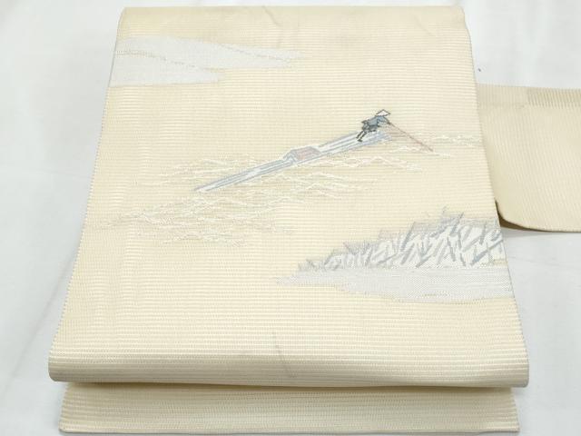 平和屋着物*夏物 九寸名古屋帯 筏人物文 銀糸 正絹 逸品 CABJ4479fb