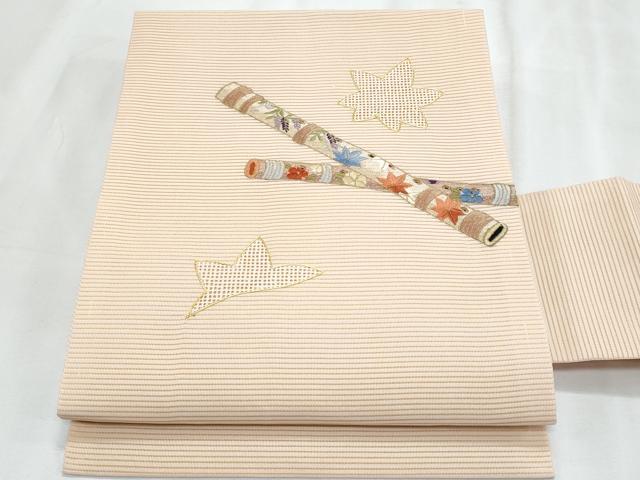 平和屋着物*夏物 九寸名古屋帯 絽綴れ 総絞り 駒刺繍 横笛楓文 金銀糸 正絹 逸品 CABJ4484fb