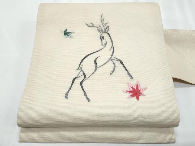 平和屋着物*夏物 九寸名古屋帯 総刺繍 鹿 楓 正絹 逸品 CABJ4500fb