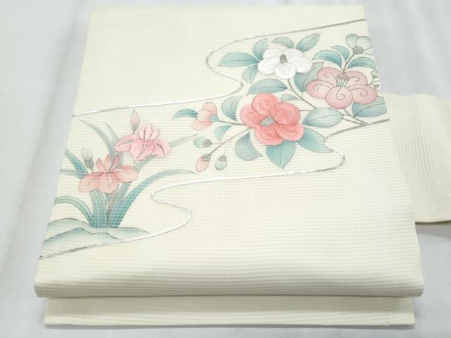 平和屋着物*夏物 九寸名古屋帯 手描き 駒刺繍 杜若枝椿 銀糸 正絹 逸品 CABJ4506fb