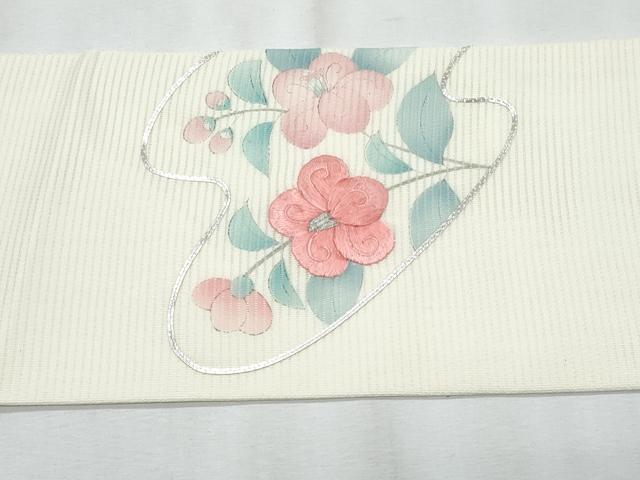 平和屋着物*夏物 九寸名古屋帯 手描き 駒刺繍 杜若枝椿 銀糸 正絹 逸品 CABJ4506fb