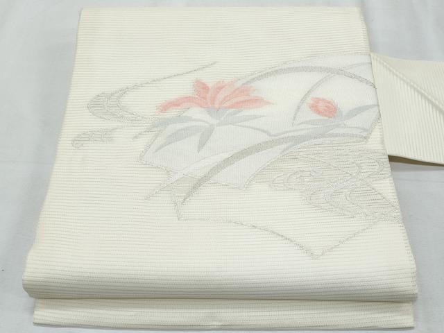 平和屋着物*夏物 九寸名古屋帯 地紙草花文 銀糸 正絹 逸品 CABJ4510fb