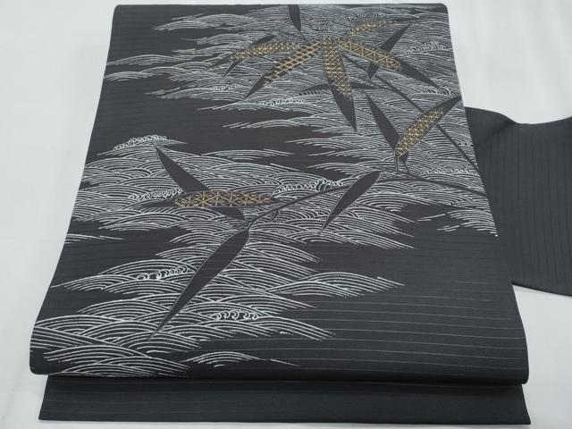平和屋着物*夏物 塩瀬 九寸名古屋帯 立波笹文 黒地 金彩 正絹 逸品 CABJ4519fb