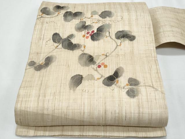 平和屋着物*夏物 染色作家 桐山紫香 手描き 九寸名古屋帯 南天 金彩 麻 逸品 CABJ4537fb