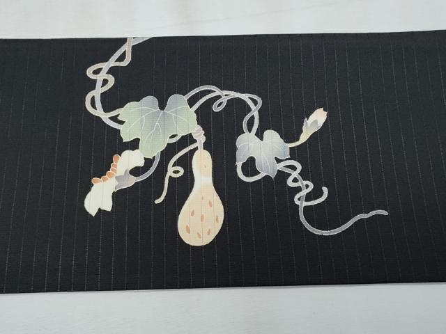 平和屋着物*夏物 九寸名古屋帯 友禅 瓢箪蔦の葉唐草文 黒地 正絹 逸品 CABJ4542fb