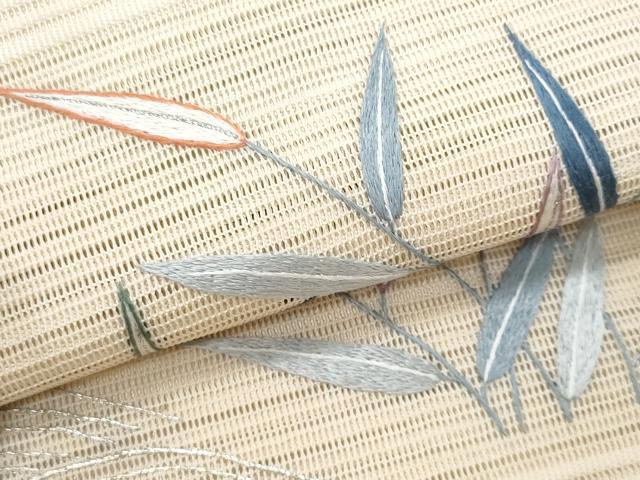 平和屋着物*夏物 八寸名古屋帯 総刺繍 絽綴れ 枝葉文 銀糸 正絹 逸品 CABJ4546fb