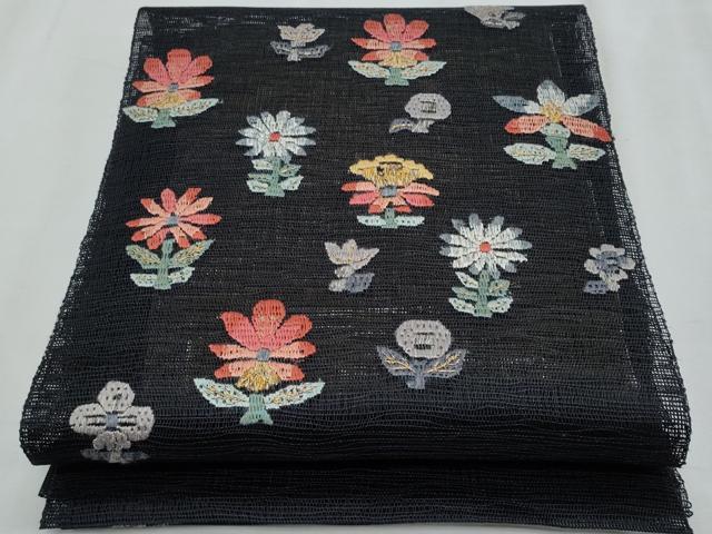 平和屋着物*夏物 八寸名古屋帯 絽刺し 区限刺繍 枝花文 黒地 金糸 正絹 逸品 CABJ4567fb
