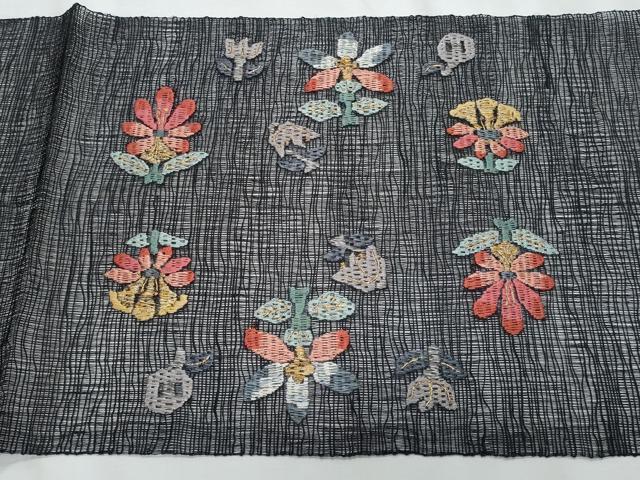 平和屋着物*夏物 八寸名古屋帯 絽刺し 区限刺繍 枝花文 黒地 金糸 正絹 逸品 CABJ4567fb