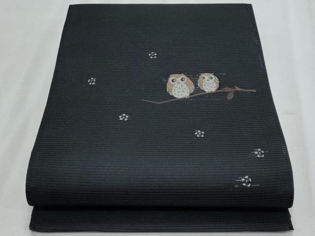 平和屋着物*夏物 八寸名古屋帯 フクロウ 黒地 正絹 逸品 CABJ4606fb