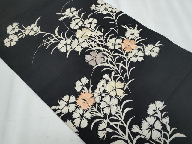 平和屋着物*夏物 アンティーク 大正ロマン 塩瀬 九寸名古屋帯 刺繍 枝花文 黒地 正絹 逸品 CABJ4618fb