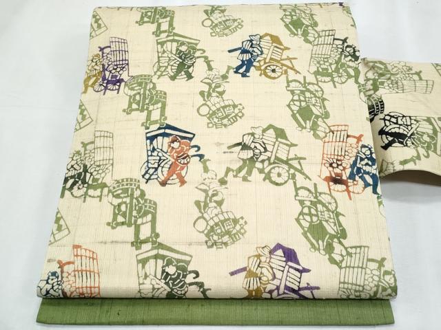 平和屋着物*夏物 全通柄 九寸名古屋帯 型染め 生紬 人物文 正絹 逸品 CABJ4699fb