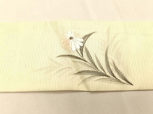 平和屋着物*夏物 九寸名古屋帯 作家物 手描き 刺繍 枝菊文 銀彩 正絹 逸品 CABJ4737fb