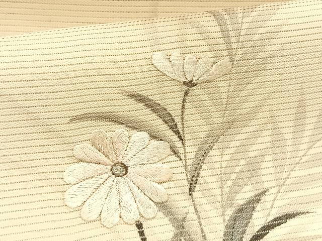 平和屋着物*夏物 九寸名古屋帯 作家物 手描き 刺繍 枝菊文 銀彩 正絹 逸品 CABJ4737fb