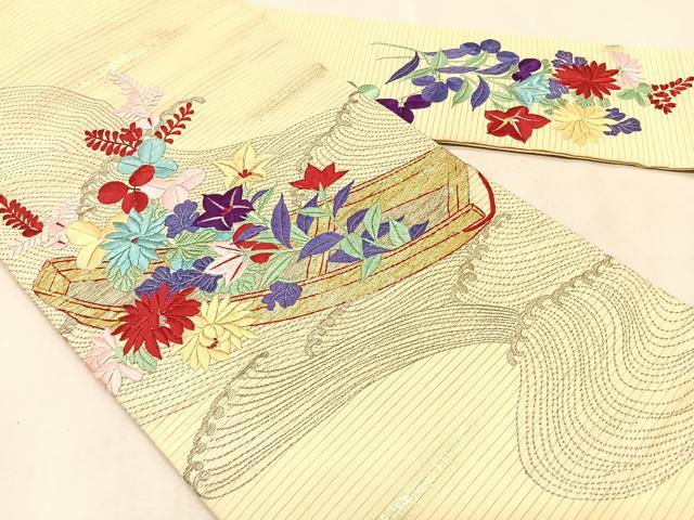 平和屋着物*夏物 アンティーク 大正ロマン 九寸名古屋帯 総手刺繍 竹屋町刺繍 立波舟枝花文 金銀糸 正絹 逸品 CABJ4760fb