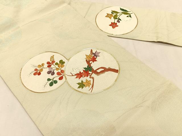 平和屋着物*夏物 九寸名古屋帯 駒刺繍 枝楓萩丸文 金銀糸 正絹 逸品 CABJ4777fb