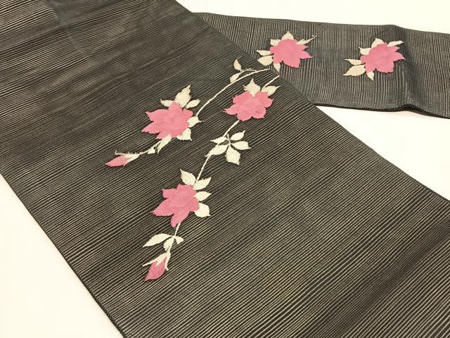 平和屋着物*夏物 九寸名古屋帯 枝花文 黒地 銀糸 正絹 逸品 CABJ4796fb