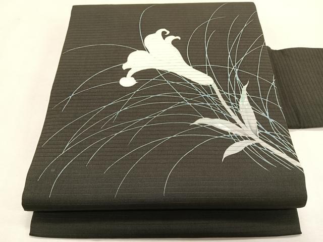 平和屋着物*夏物 絽塩瀬 九寸名古屋帯 枝花文 黒地 銀彩 正絹 逸品 CABJ4797fb
