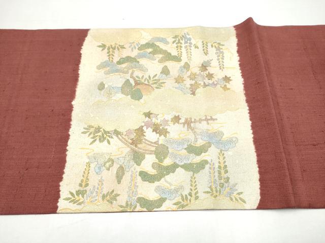 平和屋着物●太鼓柄袋帯 紬地 風景文 金彩 正絹 逸品 CABJ4841hy