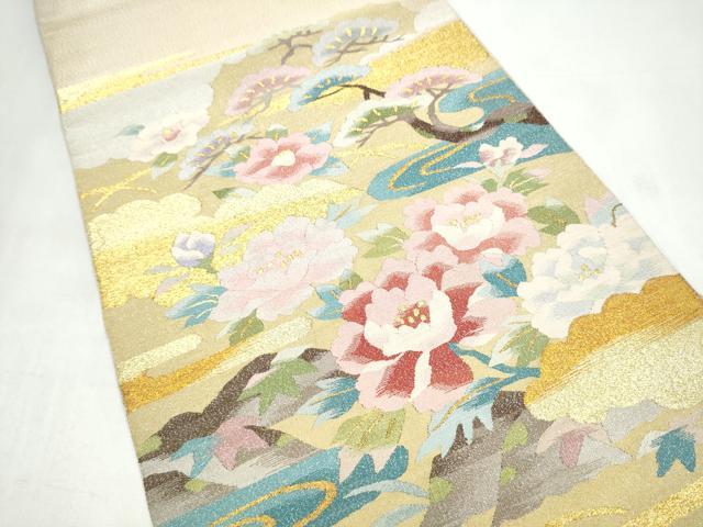 平和屋着物●爪掻き本綴れ 太鼓柄袋帯 流水草花文 金銀糸 正絹 逸品 CABJ4843hy