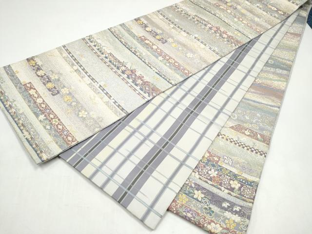 平和屋着物●両面 両方向 全通柄袋帯 螺鈿箔 モール織 横段花文 金糸 さが美扱い 正絹 逸品 CABJ4863hy