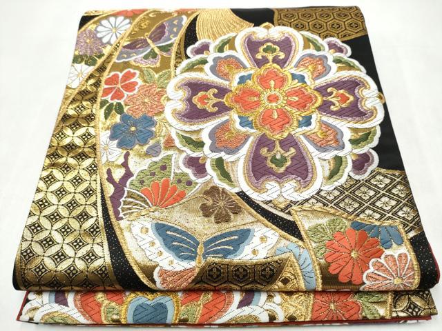 平和屋着物●六通柄袋帯 唐織 束ね熨斗花蝶文 黒地 金糸 正絹 逸品 CABJ4876hy