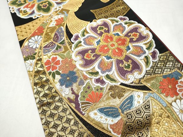 平和屋着物●六通柄袋帯 唐織 束ね熨斗花蝶文 黒地 金糸 正絹 逸品 CABJ4876hy