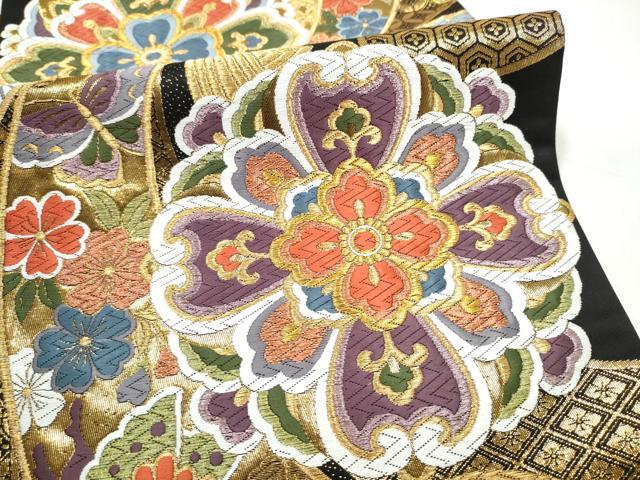 平和屋着物●六通柄袋帯 唐織 束ね熨斗花蝶文 黒地 金糸 正絹 逸品 CABJ4876hy