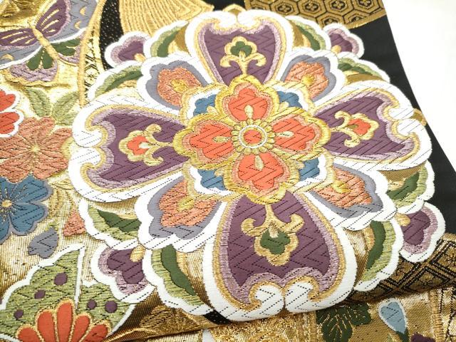 平和屋着物●六通柄袋帯 唐織 束ね熨斗花蝶文 黒地 金糸 正絹 逸品 CABJ4876hy