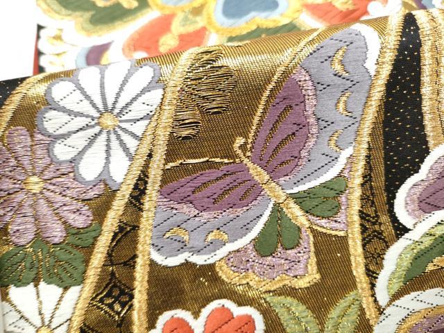 平和屋着物●六通柄袋帯 唐織 束ね熨斗花蝶文 黒地 金糸 正絹 逸品 CABJ4876hy