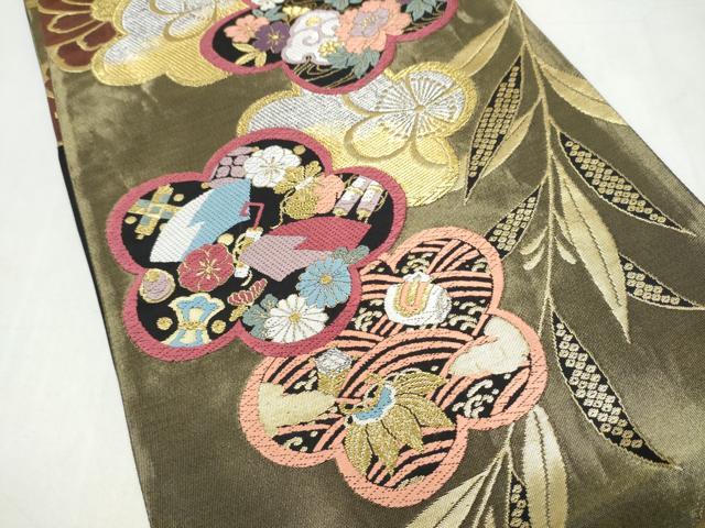 平和屋着物●六通柄袋帯 唐織 舞花文 黒地 金糸 正絹 逸品 CABJ4877hy