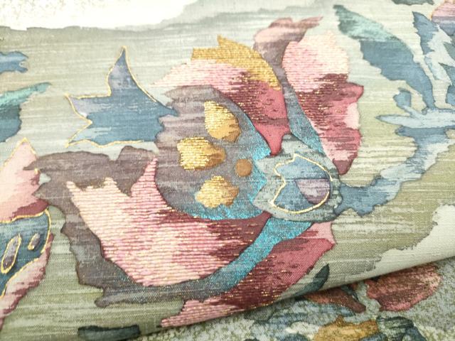 平和屋着物●太鼓柄袋帯 作家物 紬地 刺繍 更紗花文 金彩 正絹 逸品 CABJ4896hy