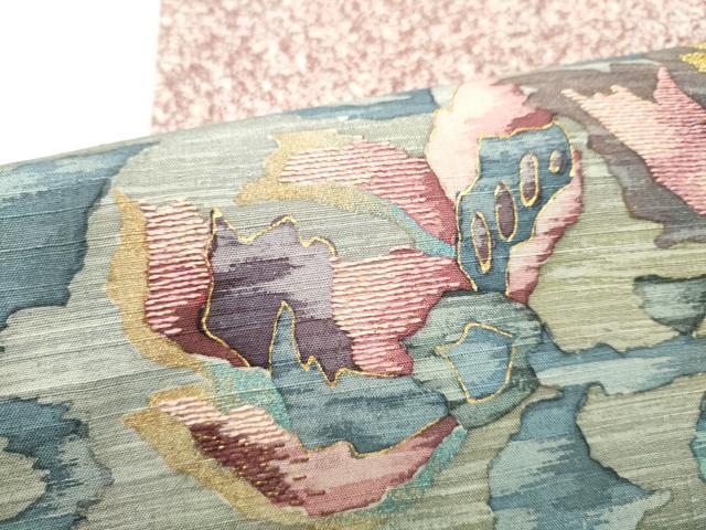 平和屋着物●太鼓柄袋帯 作家物 紬地 刺繍 更紗花文 金彩 正絹 逸品 CABJ4896hy