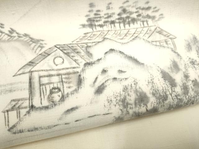 平和屋着物●太鼓柄袋帯 作家物 手描き 紬地 遠山風景文 正絹 逸品 CABJ4934hy