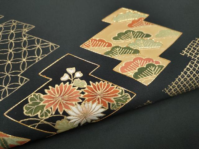 平和屋着物●太鼓柄袋帯 本場縞大島紬 松皮菱松竹梅 黒地 金彩 正絹 逸品 CABJ4941hy