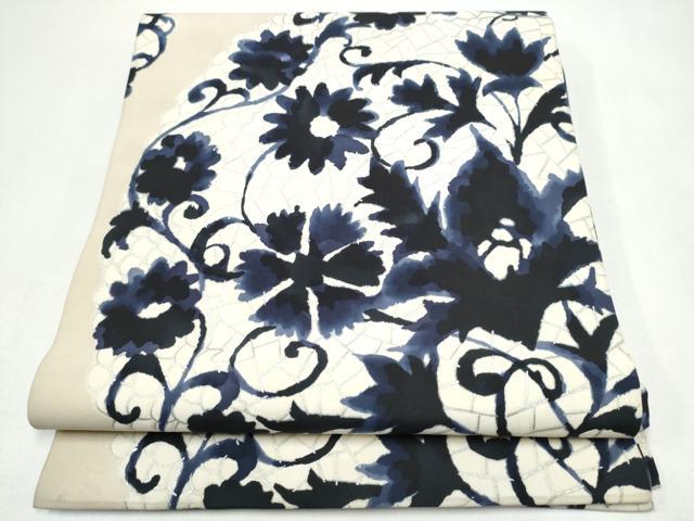 平和屋着物●全通柄 九寸開き名古屋帯 花唐草文 銀彩 正絹 逸品 CABJ4971hy