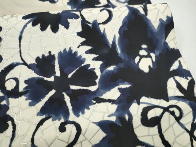 平和屋着物●全通柄 九寸開き名古屋帯 花唐草文 銀彩 正絹 逸品 CABJ4971hy