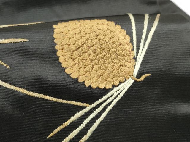平和屋着物●アンティーク 大正ロマン 九寸名古屋帯 総手刺繍 こぼれ松葉 黒地 金糸 正絹 逸品 CABJ4984hy