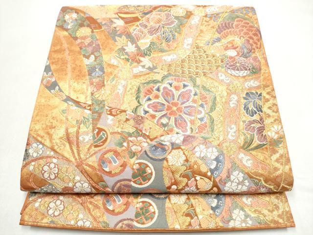 平和屋着物●老舗織元 泰生織物 六通柄袋帯 唐織 鬘帯鳳凰花文 柿色 本金箔 共箱付き 正絹 逸品 CABJ4987hy