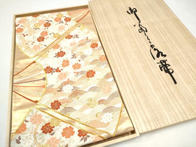 平和屋着物●西陣 河合美術織物謹製 六通柄袋帯 唐織 扇面流水花文 金糸 共箱付き 正絹 逸品 CABJ4989hy