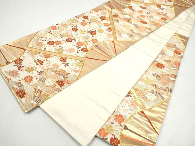 平和屋着物●西陣 河合美術織物謹製 六通柄袋帯 唐織 扇面流水花文 金糸 共箱付き 正絹 逸品 CABJ4989hy