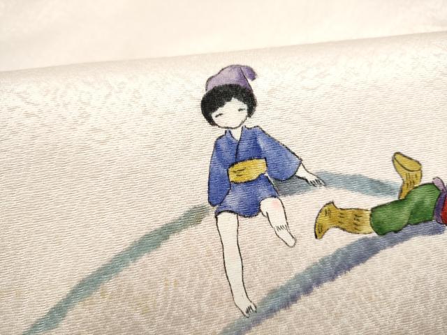 平和屋着物●手描友禅女流作家 一色生子 太鼓柄袋帯 手描き 人物文 銀通し地 正絹 逸品 CABJ5050hy