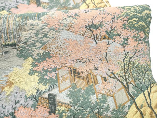 平和屋着物●山喜織物謹製 萬葉 紹巴 全通柄袋帯 風景草花文 正絹 逸品 CABJ5054hy