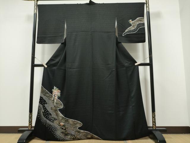 平和屋着物●訪問着 絞り 刺繍 草毬文 黒地 金彩 さが美扱い 正絹 逸品 CABJ5069hy